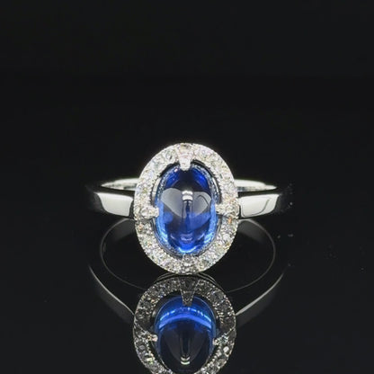 2.90 Carat Ceylon Cabochon Sapphire & Diamond Ring 18k White Gold