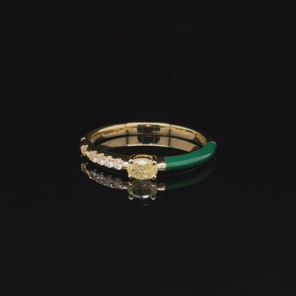 Green Enamel & Yellow Diamond stackable Ring 18K Yellow Gold