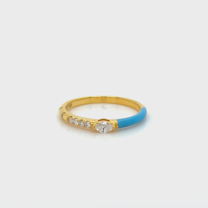 Blue Enamel & Diamond Stackable Ring 18K Yellow Gold