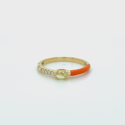 Orange Enamel & Yellow Diamond Stackable Ring in 18K Yellow Gold
