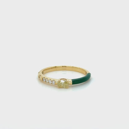 Green Enamel & Yellow Diamond stackable Ring 18K Yellow Gold