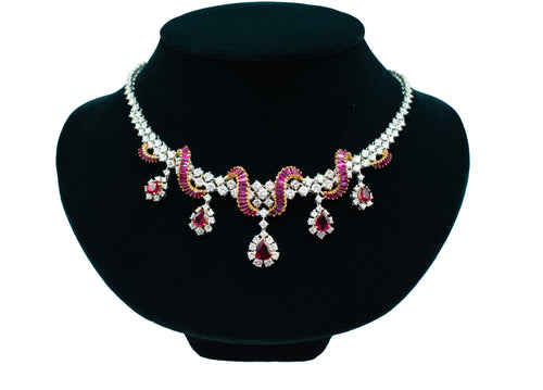 Ruby & Diamond Cluster Necklace 18K Yellow & White Gold