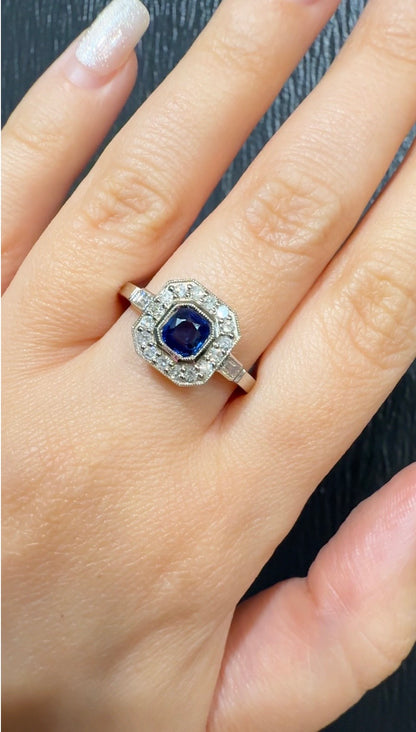 Art Deco Inspired Sapphire & Diamond Cluster Ring in 18K White Gold