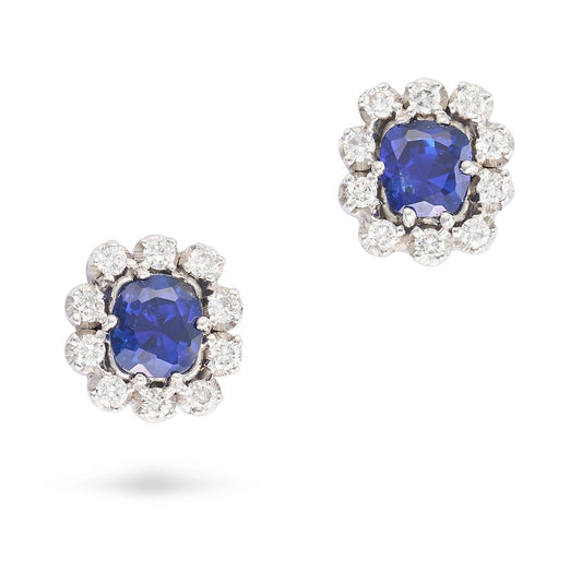 Royal Blue Unheated Sapphire & Diamond Cushion Cut Earrings 18K White Gold