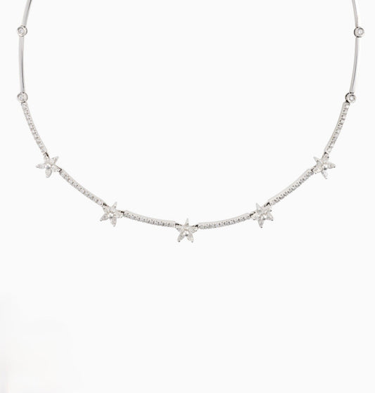 Diamond Flower Motif Collar Necklace in 18K White Gold