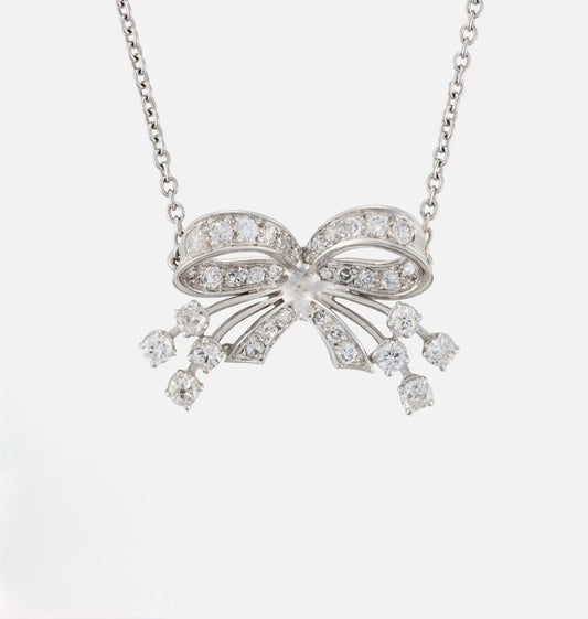 Diamond Bow Necklace in 18K White Gold