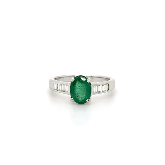 1 Carat Oval Emerald & Baguette Diamond Ring 18K White Gold