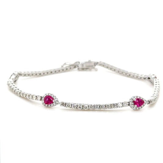 Pear Ruby & Diamond Tennis Bracelet 18K White Gold