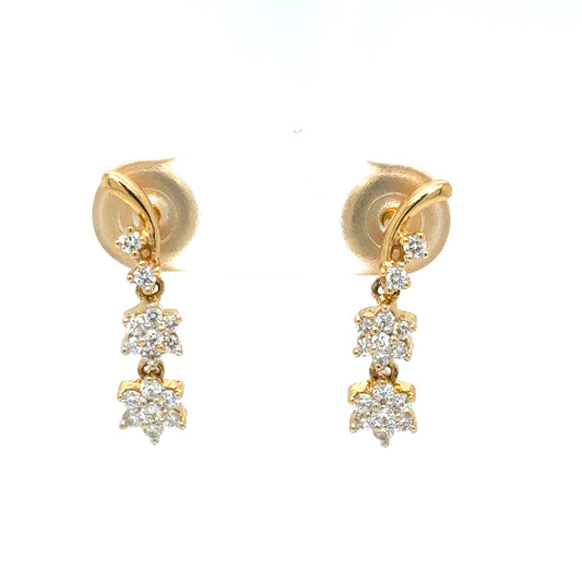 Double Flower Diamond Drop Earrings 18K Yellow Gold