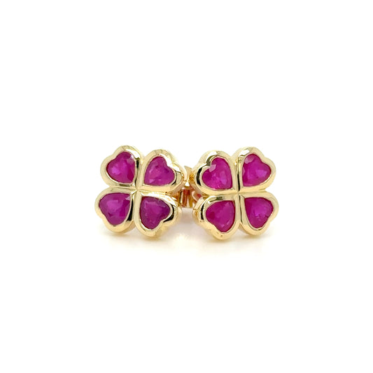 4-Heart Clover Burmese Ruby Earrings 18K Yellow Gold