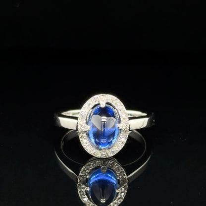 2.90 Carat Ceylon Cabochon Sapphire & Diamond Ring 18k White Gold