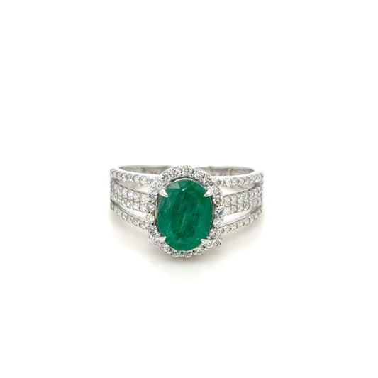 Oval Cut Zambian Emerald & Diamond Halo Split Shank Ring 18K White Gold