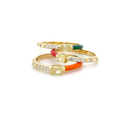 Green Enamel & Yellow Diamond stackable Ring 18K Yellow Gold