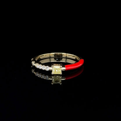 Red Enamel & Yellow diamond Stackable Ring 18K Yellow Gold