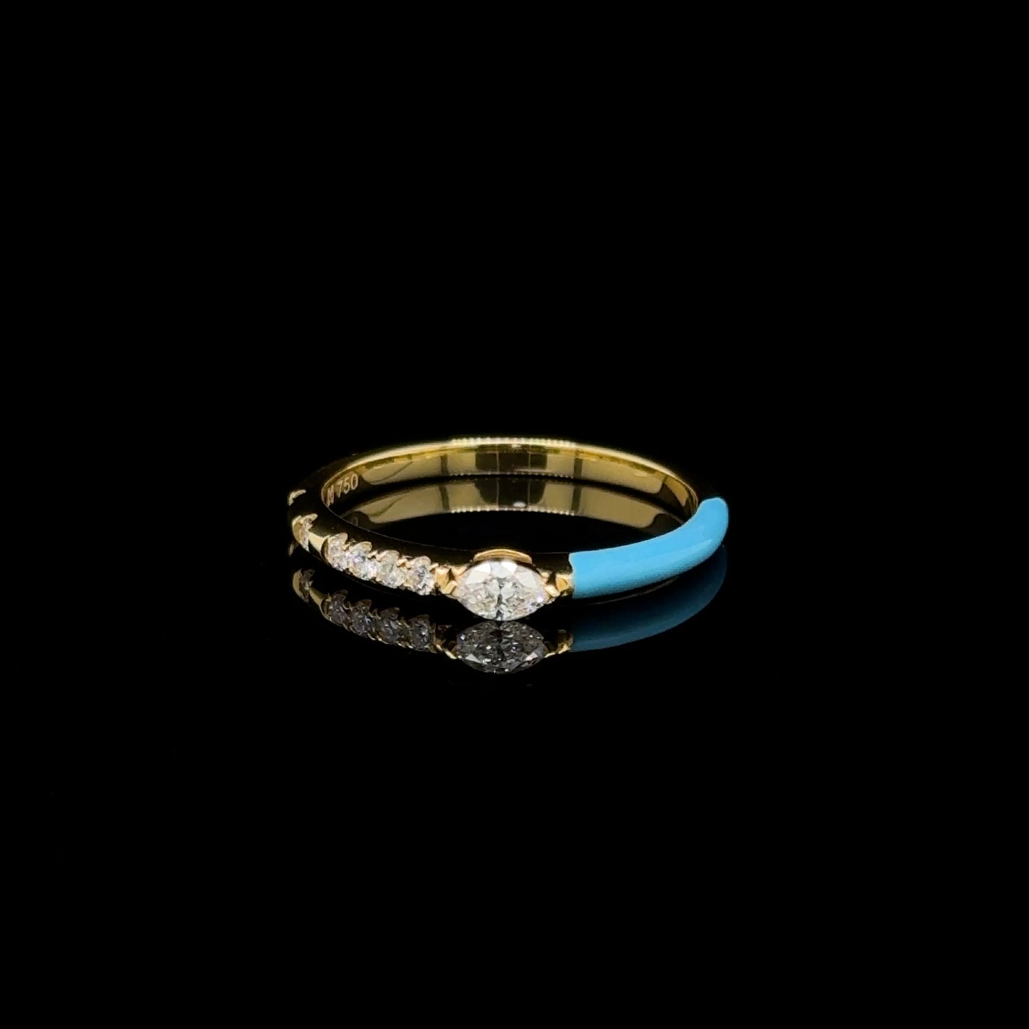 Blue Enamel & Diamond Stackable Ring 18K Yellow Gold