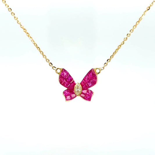 Butterfly Ruby & Diamond Necklace in 18K Yellow Gold