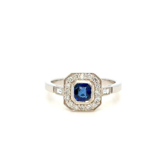 Art Deco Inspired Sapphire & Diamond Cluster Ring in 18K White Gold